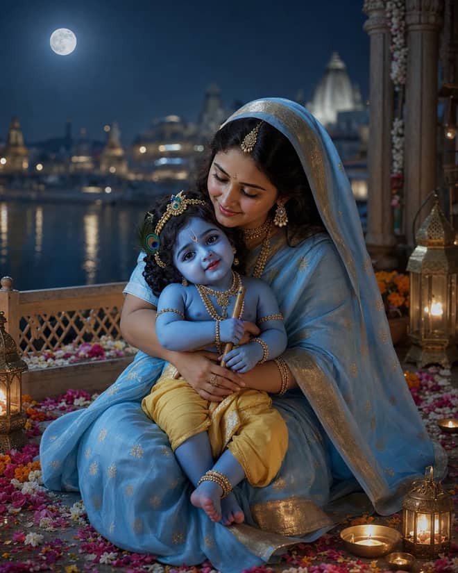 Maa Yashoda and Baby Krishna Moonlight AI Prompt