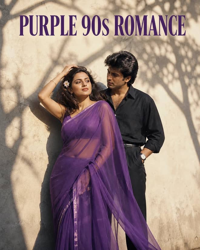 Retro Purple Chiffon Saree Couple Photo Prompt