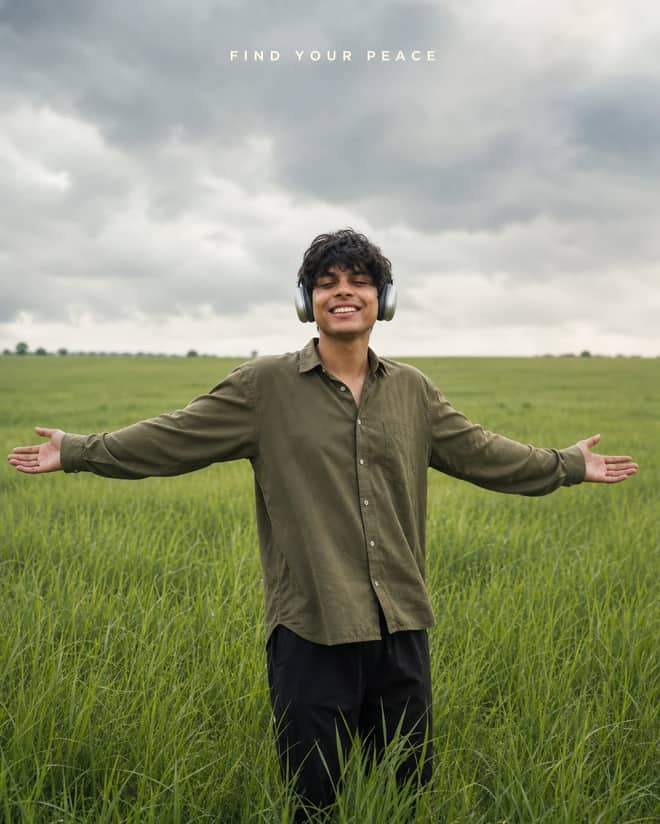 Green Field Headphones Arms Outstretched Photo Prompt