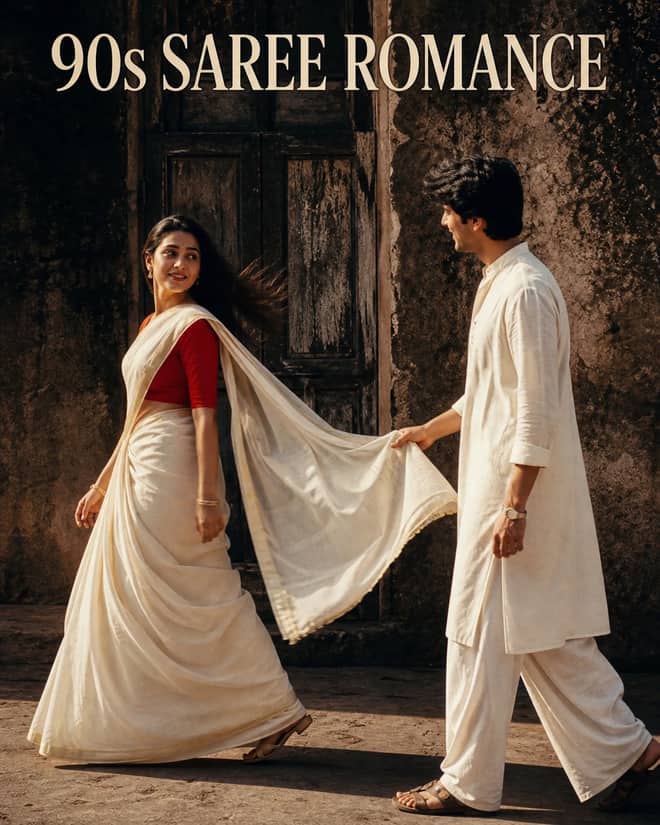 Retro Off-White Saree Romantic Couple Photo Prompt
