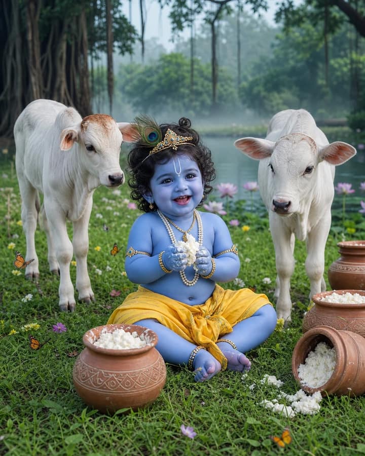 Baby Krishna With Cow Vrindavan AI Photo Prompt