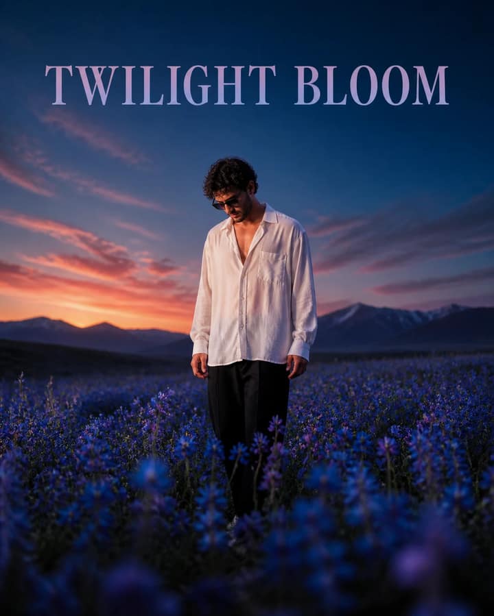 Twilight Wildflower Field Cinematic Portrait Prompt