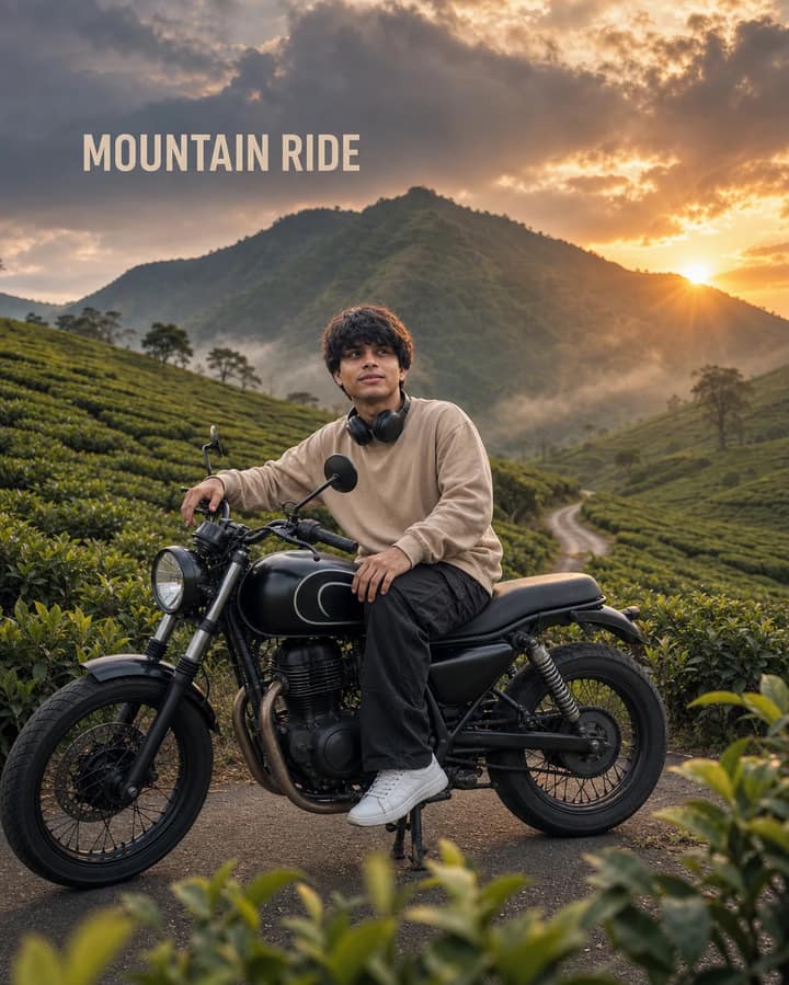 Mountain Motorcycle Cinematic Travel Portrait Prompt