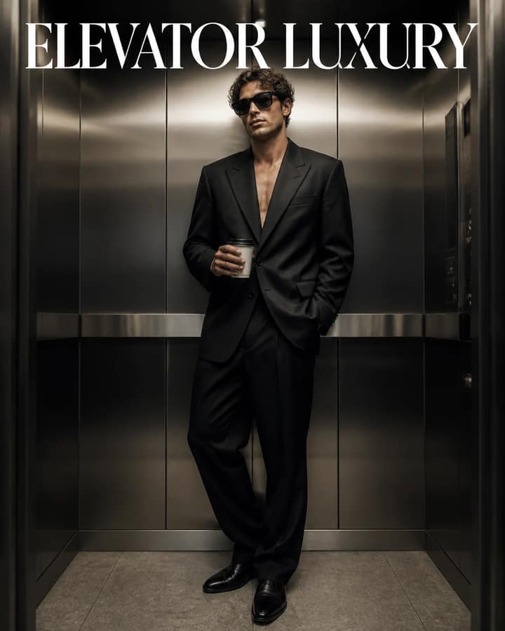Luxury Elevator Black Suit Fashion Photo Prompt