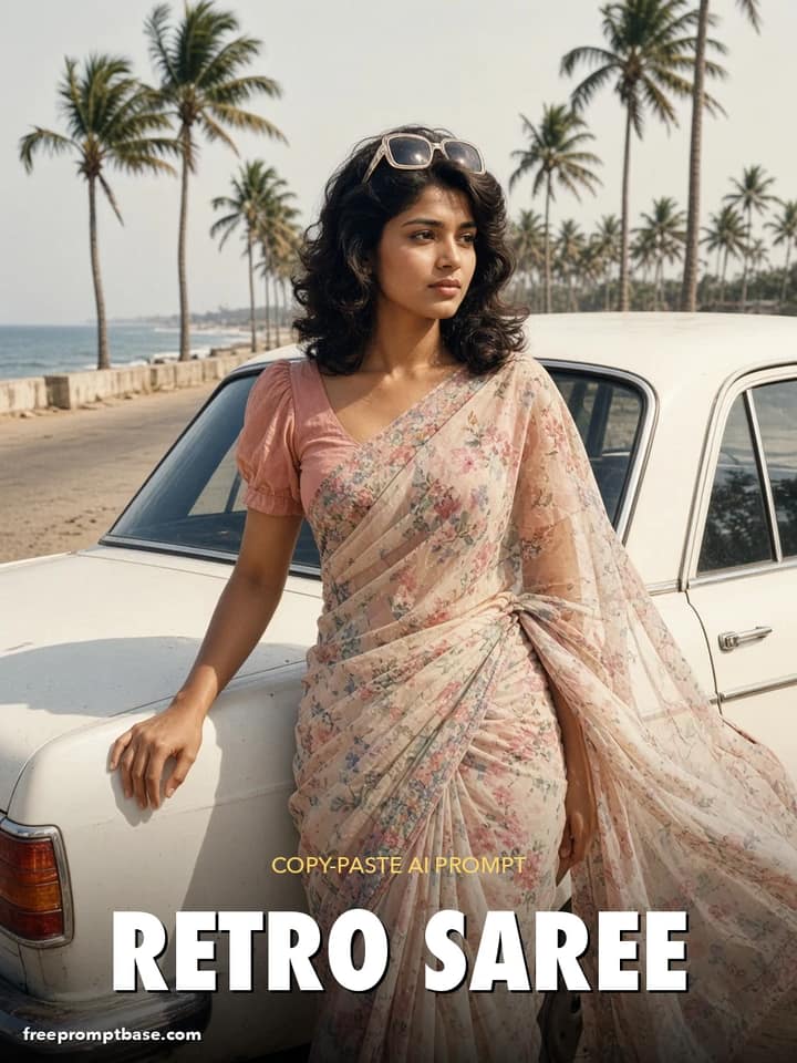 Gemini 80s Photo Prompt: Chiffon Saree Vintage Car