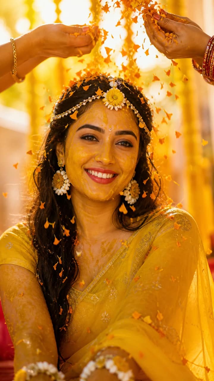 Golden Marigold Petal Shower Haldi Portrait Prompt