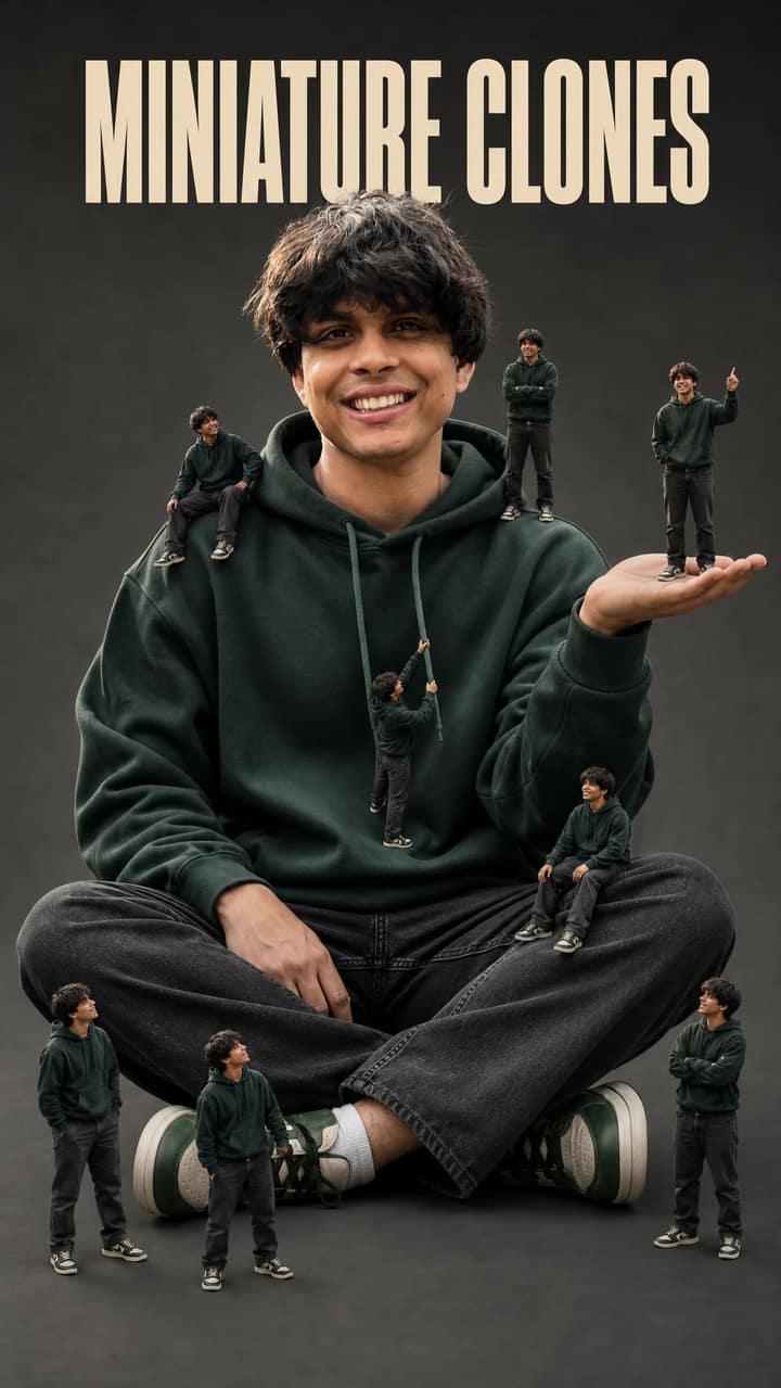 Giant Man with Miniature Clones Studio Portrait Prompt