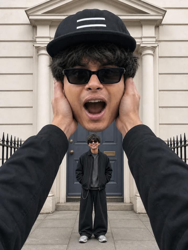 Giant Selfie Head and Hands Scale Effect AI Prompt