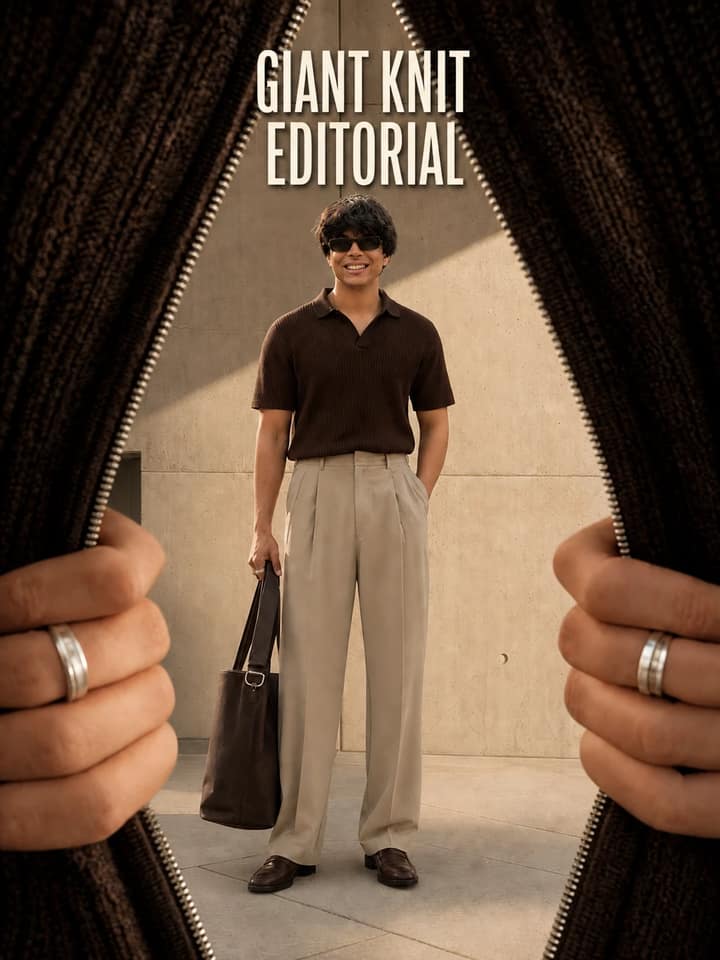 Giant Knitted Cardigan Fashion Editorial Prompt