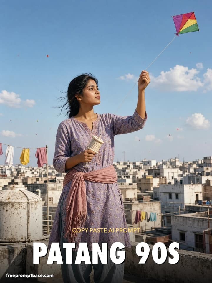 90s Rooftop Kite Flying Photo Prompt for Gemini AI