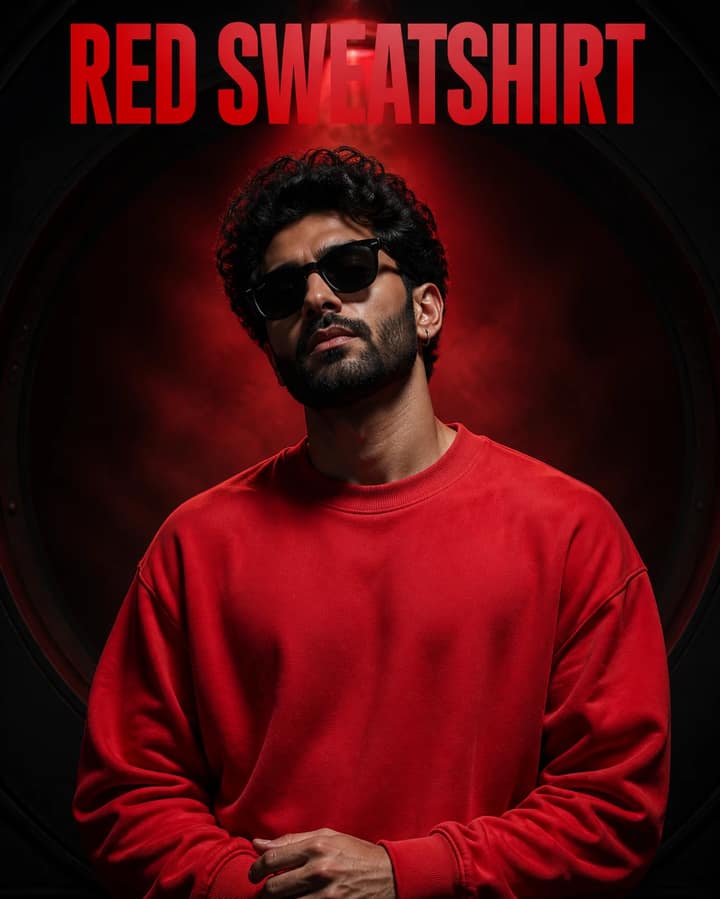 Red Sweatshirt Cinematic Studio Portrait Prompt