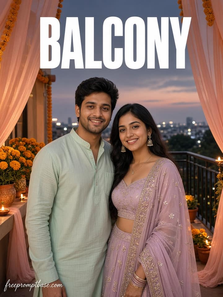 Pastel Balcony Gemini Navratri Couple Photo Prompt