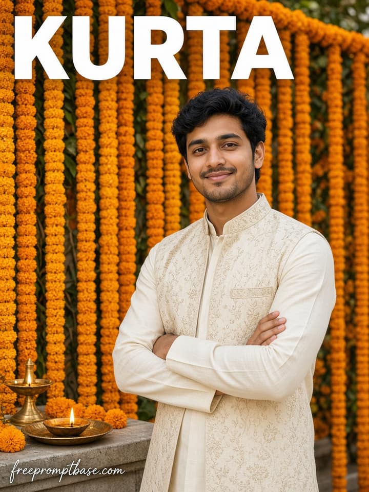 Cream Kurta Marigold Gemini Navratri Photo Prompt Boy