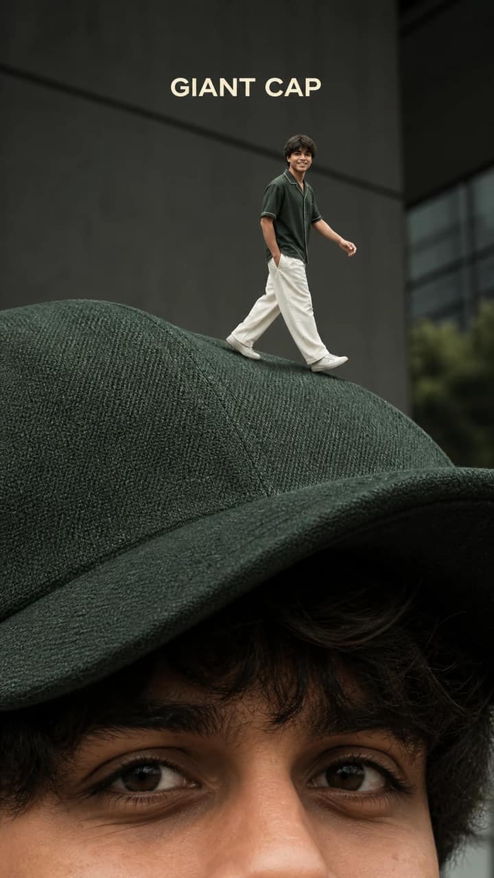 Giant Nike Cap Forced-Perspective Fashion Prompt