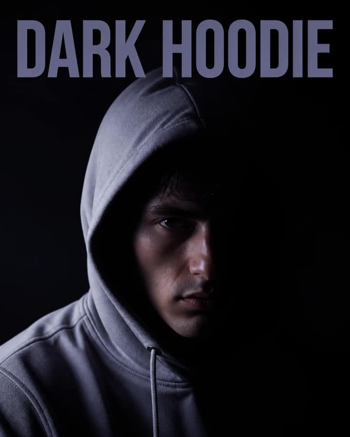 Dark Cinematic Gray Hoodie Editorial Portrait Prompt