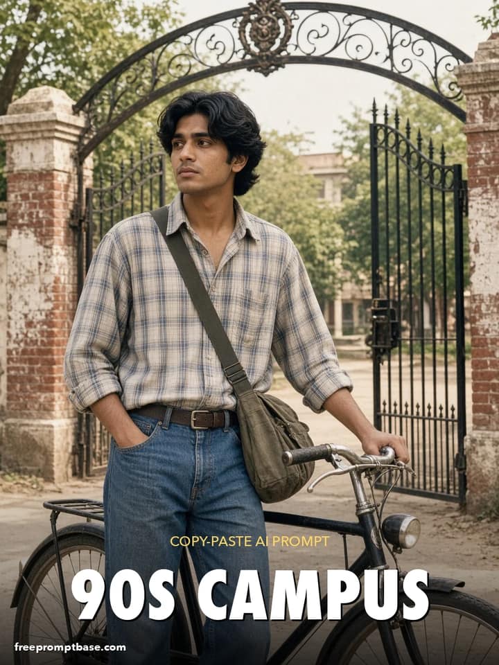 90s Photo Prompt for Men: College Gate Bicycle