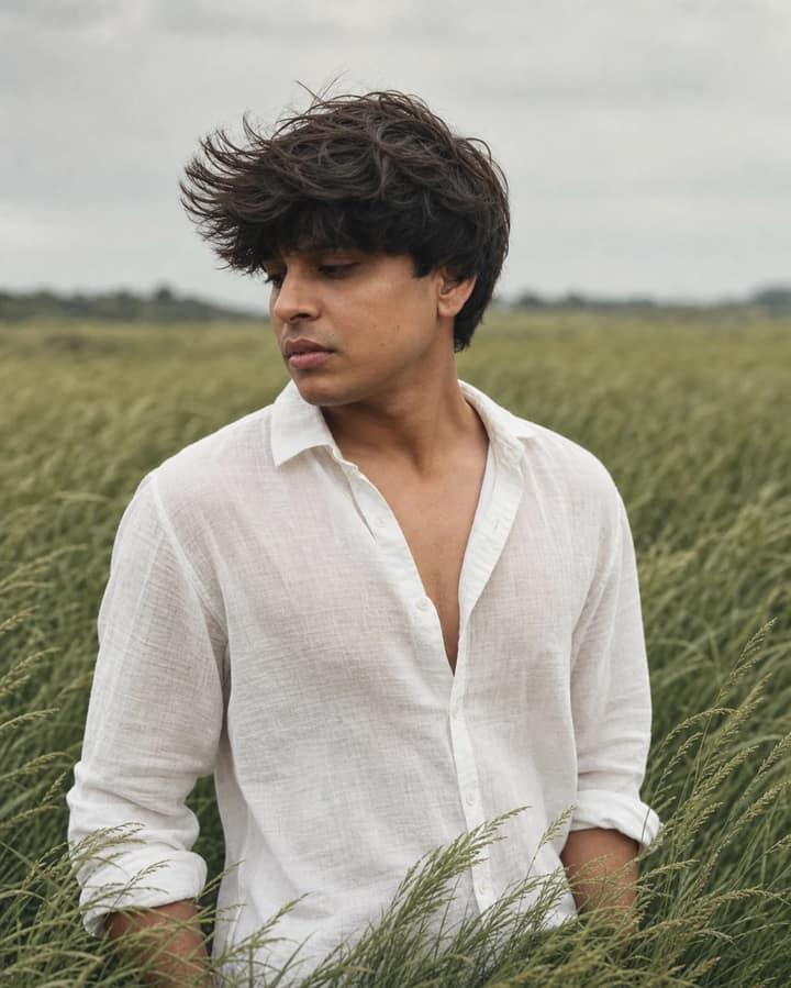 Windy Green Field White Linen Portrait Prompt