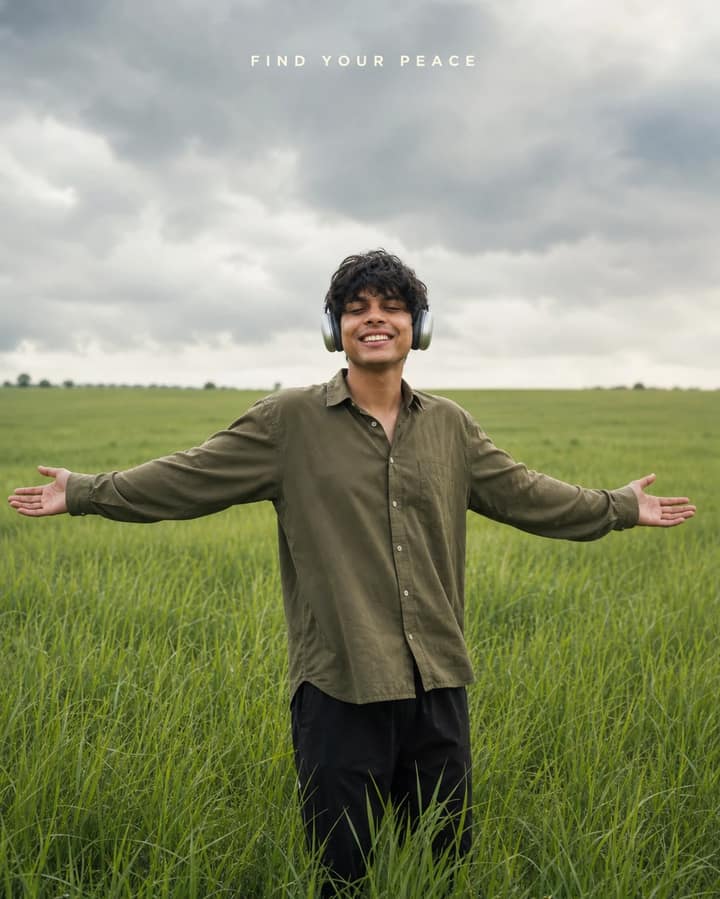 Green Field Headphones Arms Outstretched Photo Prompt