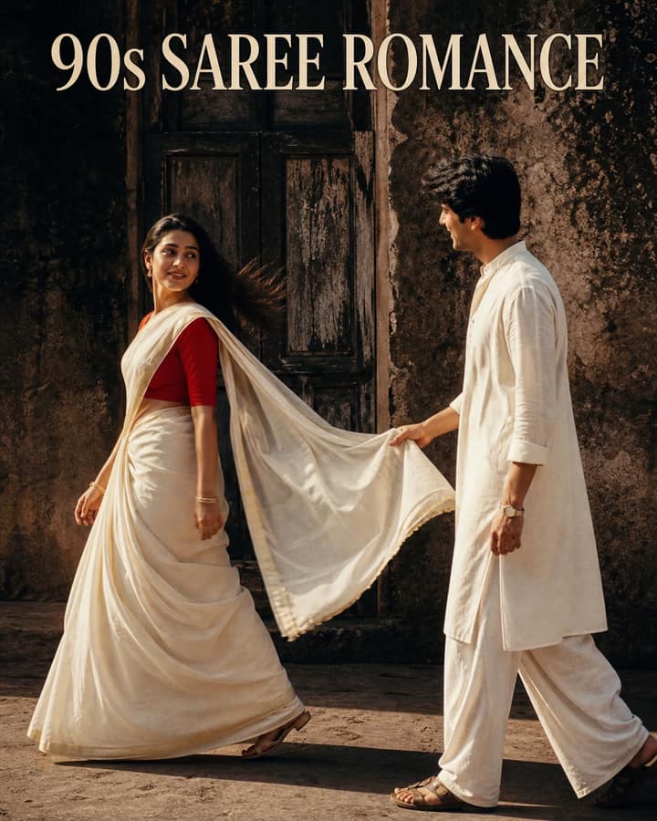 Retro Off-White Saree Romantic Couple Photo Prompt