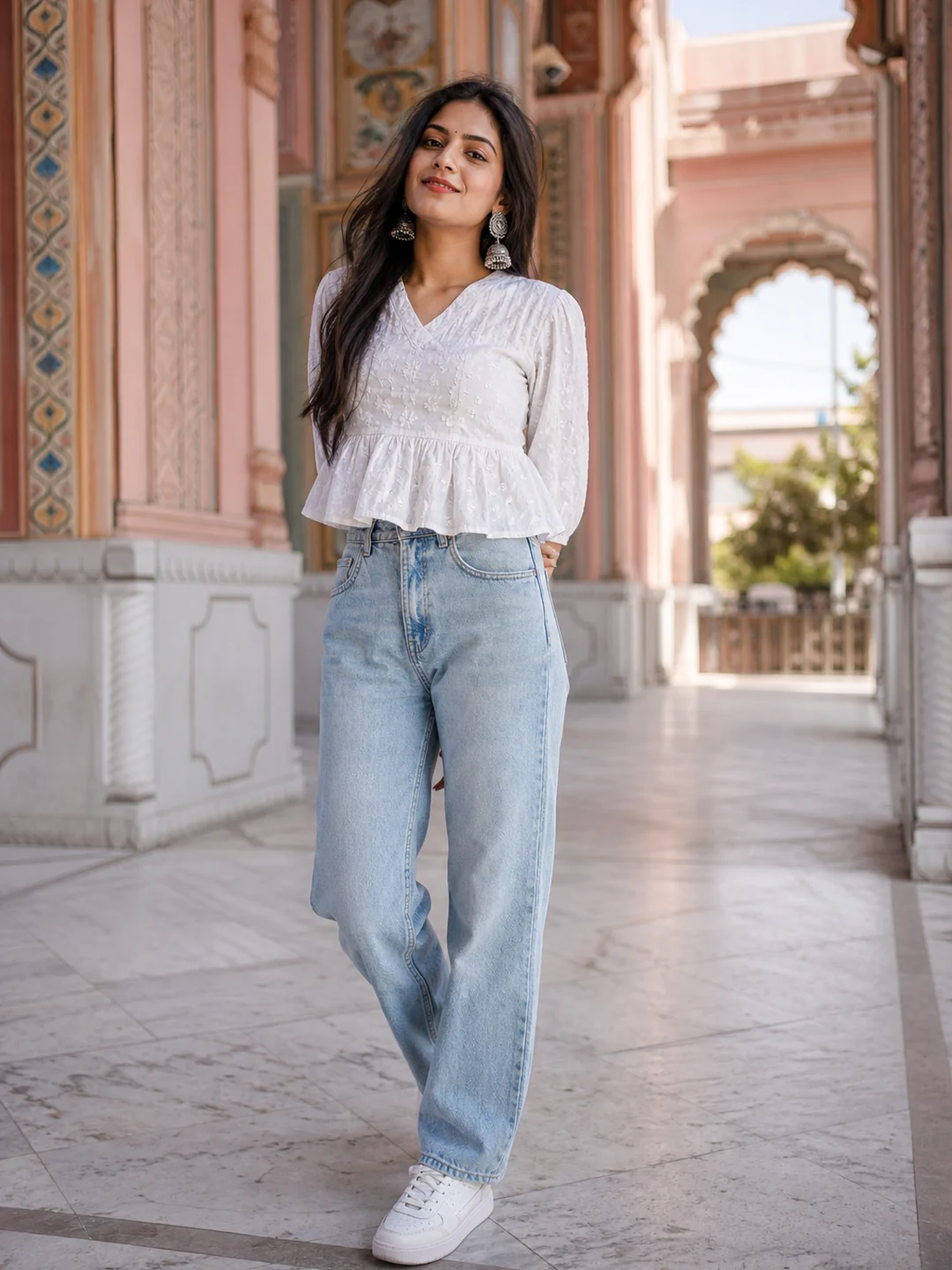 kurti and denim jeans gemini prompt example 1 — 5 Viral Stunning Kurti and Denim Jeans Gemini Prompts for Girls