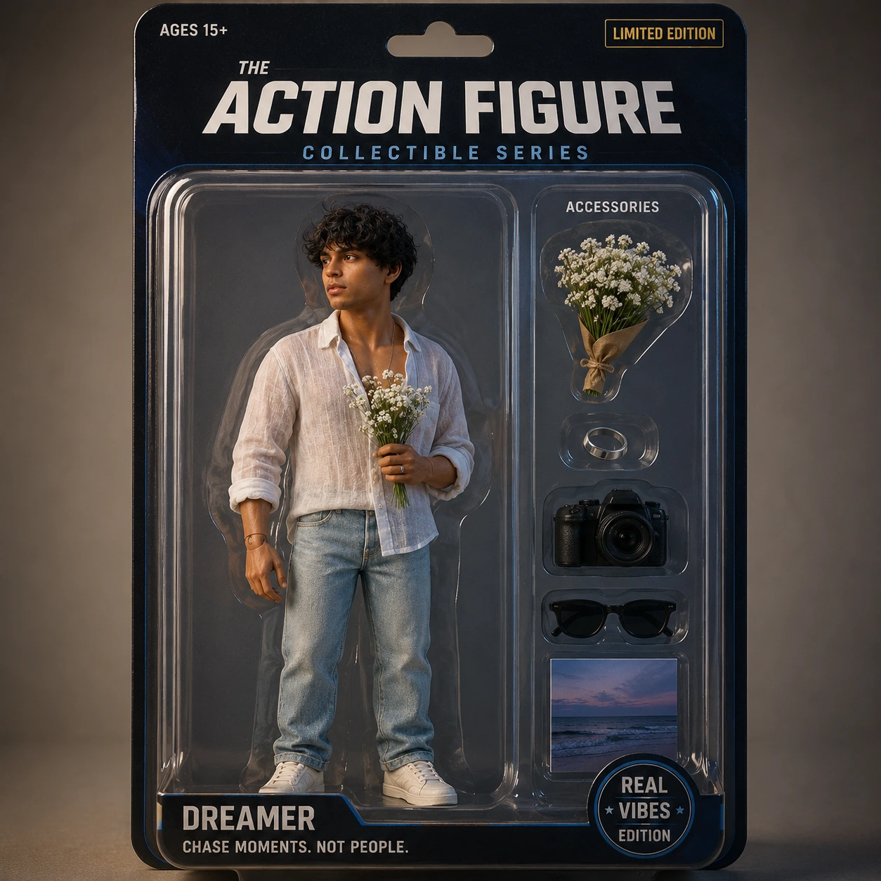A photo turned into an action figure in retail packaging