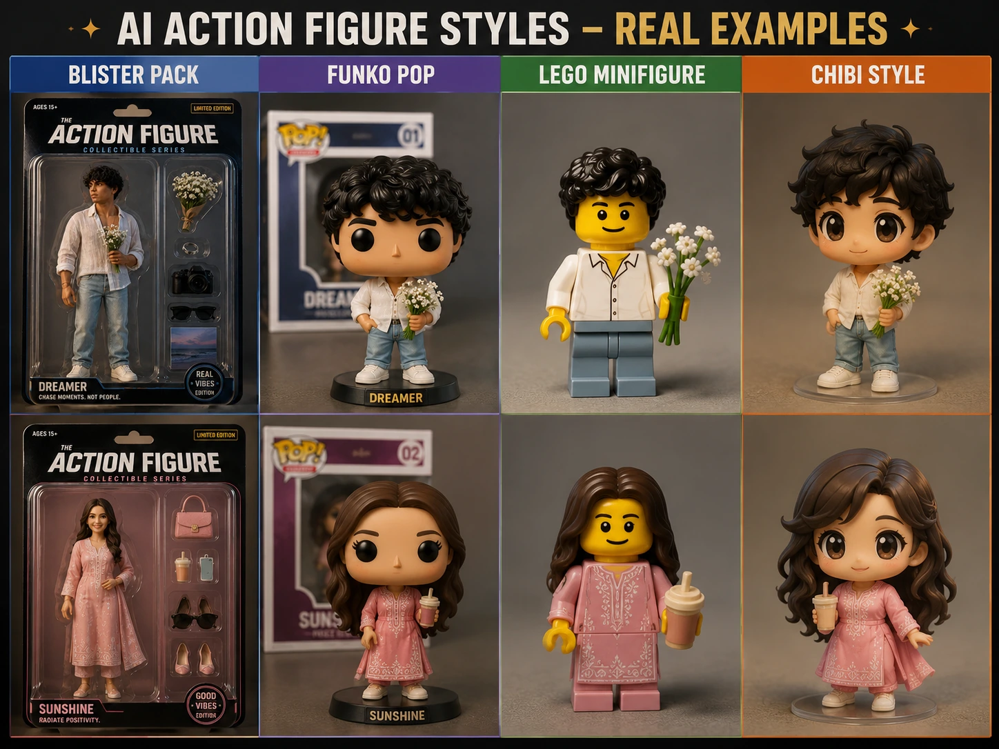 Action figure styles: blister pack, Funko Pop, LEGO, and chibi