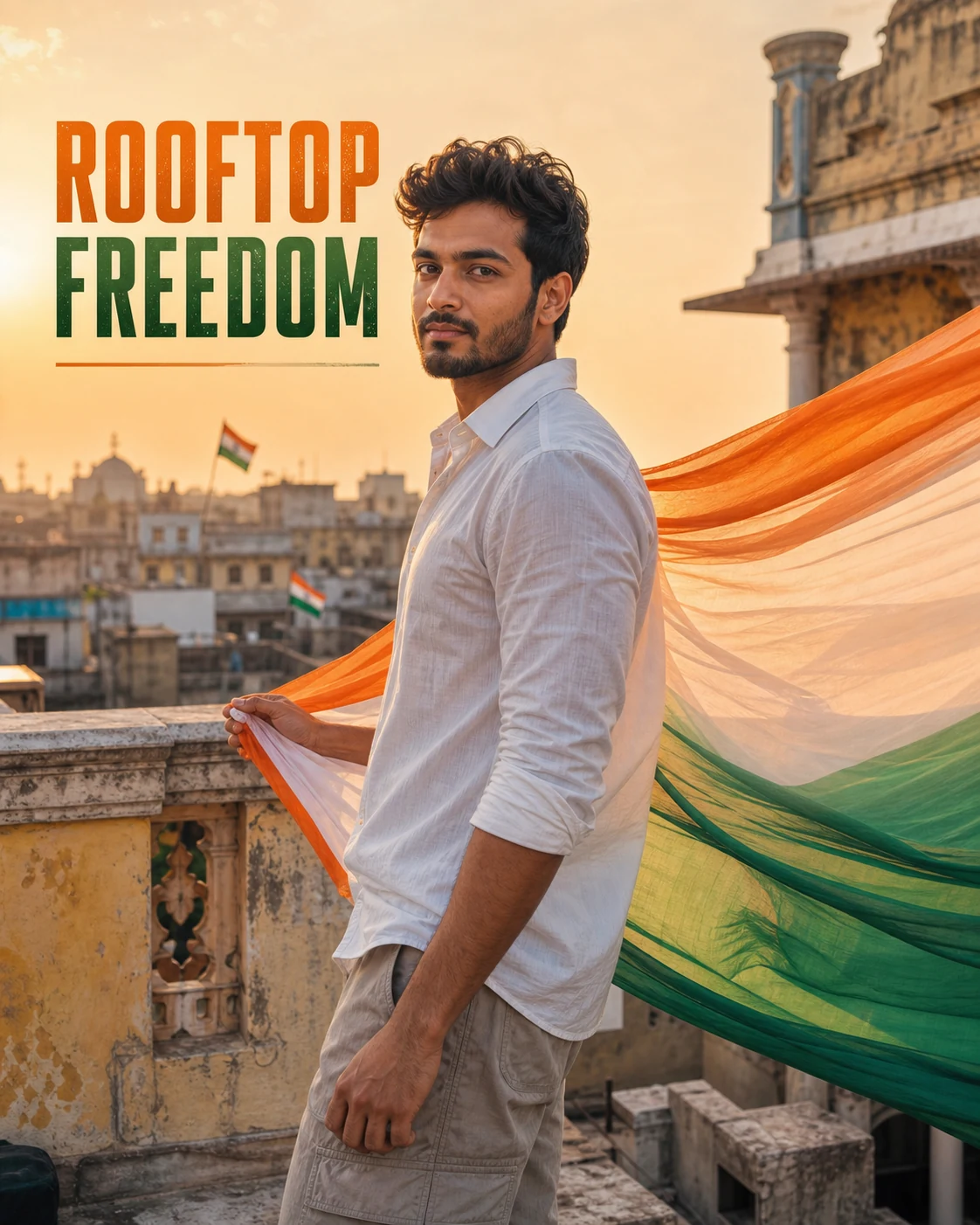 Rooftop Independence Day Fashion Edit With a Cinematic Feel example — 5 15 August AI Photo Prompts for Independence Day